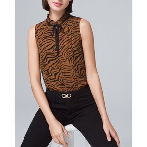 White House black market tiger print short sleeve tie neck blouse sz xs